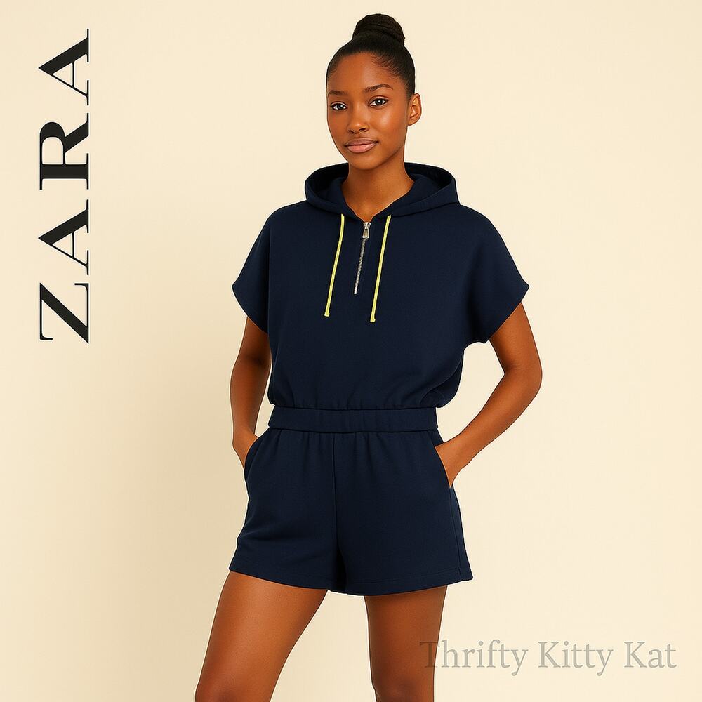Zara Basic Half Zip Hooded Short Sleeve Romper Navy Blue Yellow Drawstring M EUC